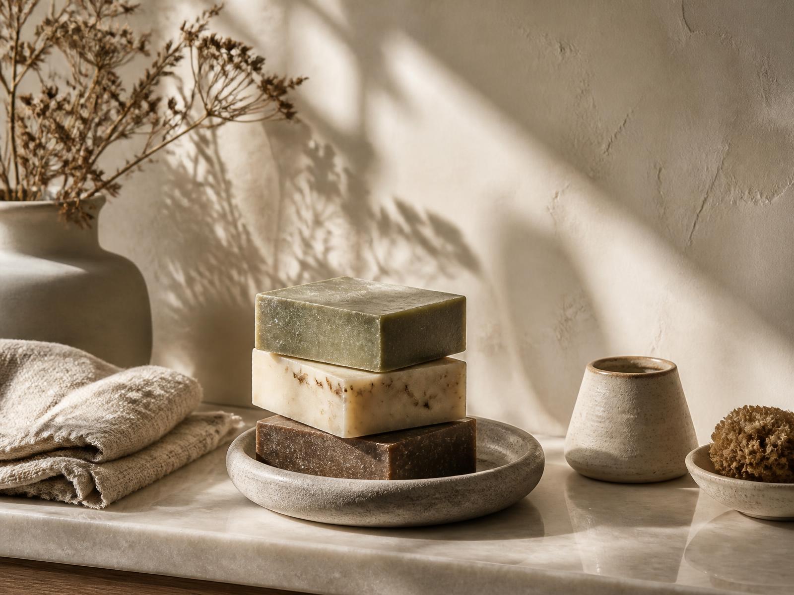 Three handmade soap bars stacked on a stone dish in warm morning light