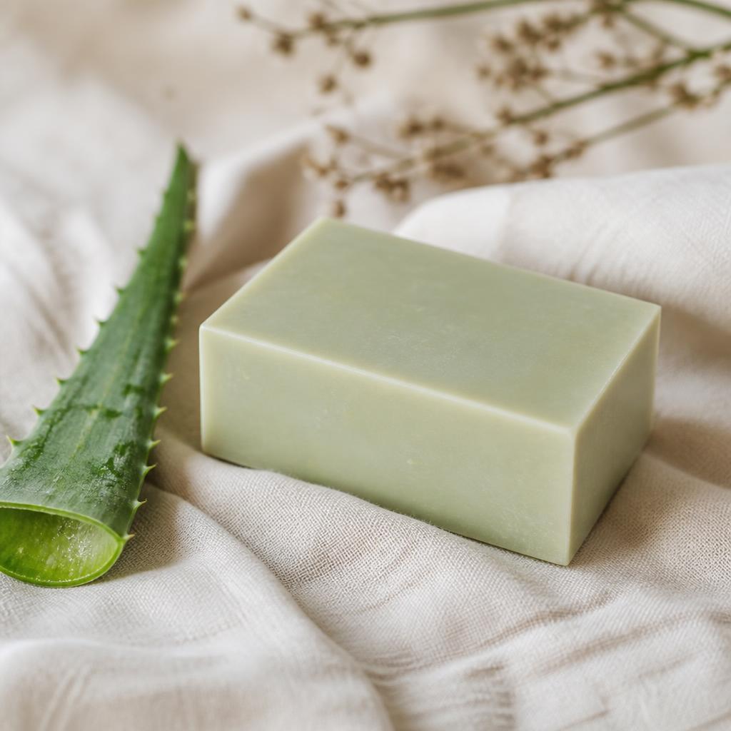 Handmade aloe vera soap bar on ivory linen with a fresh aloe leaf
