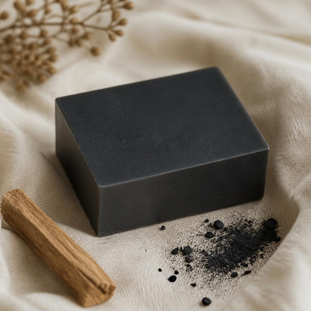 Black handmade activated charcoal soap bar with sandalwood on ivory linen