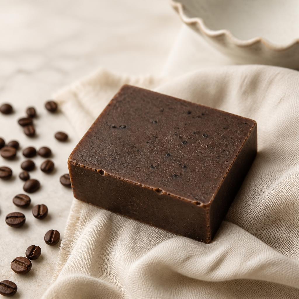 Handmade coffee soap bar on ivory linen with coffee beans