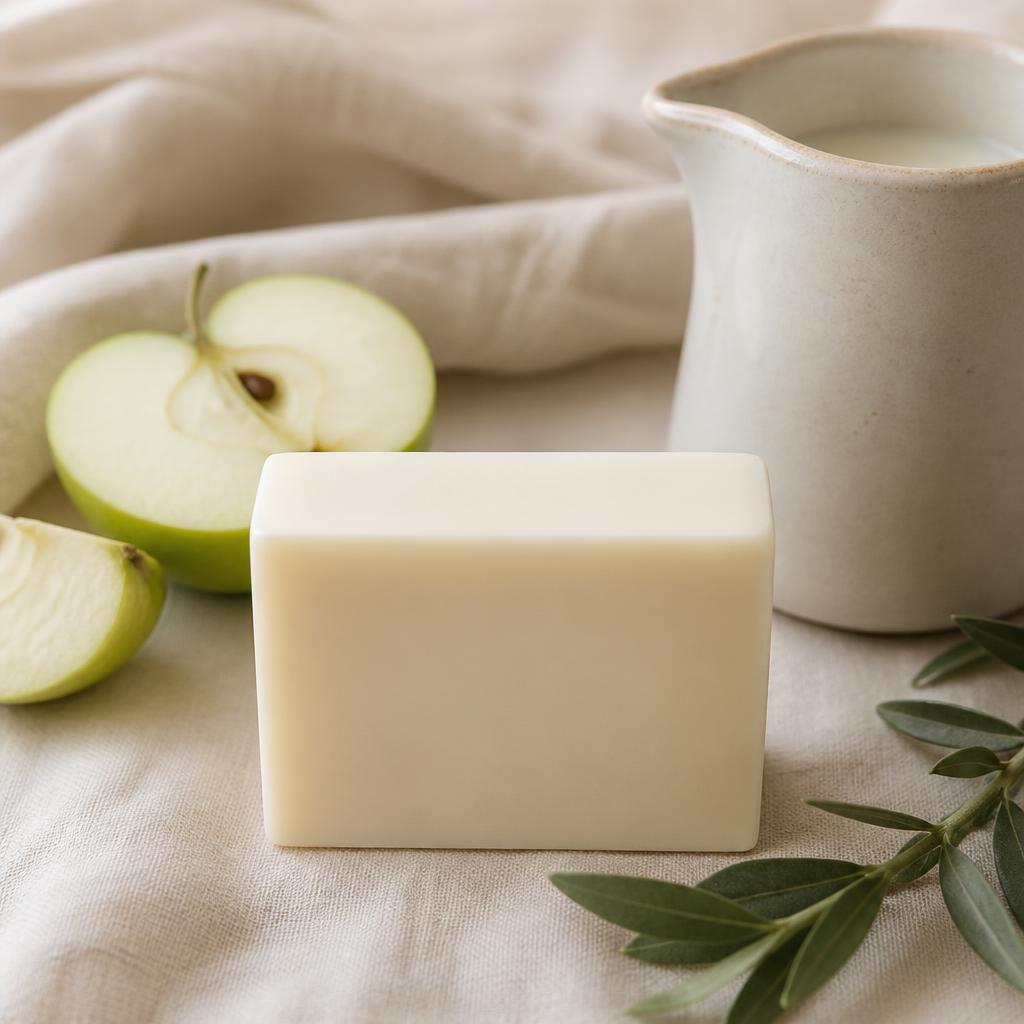 Creamy handmade goat milk soap bar with green apple on ivory linen