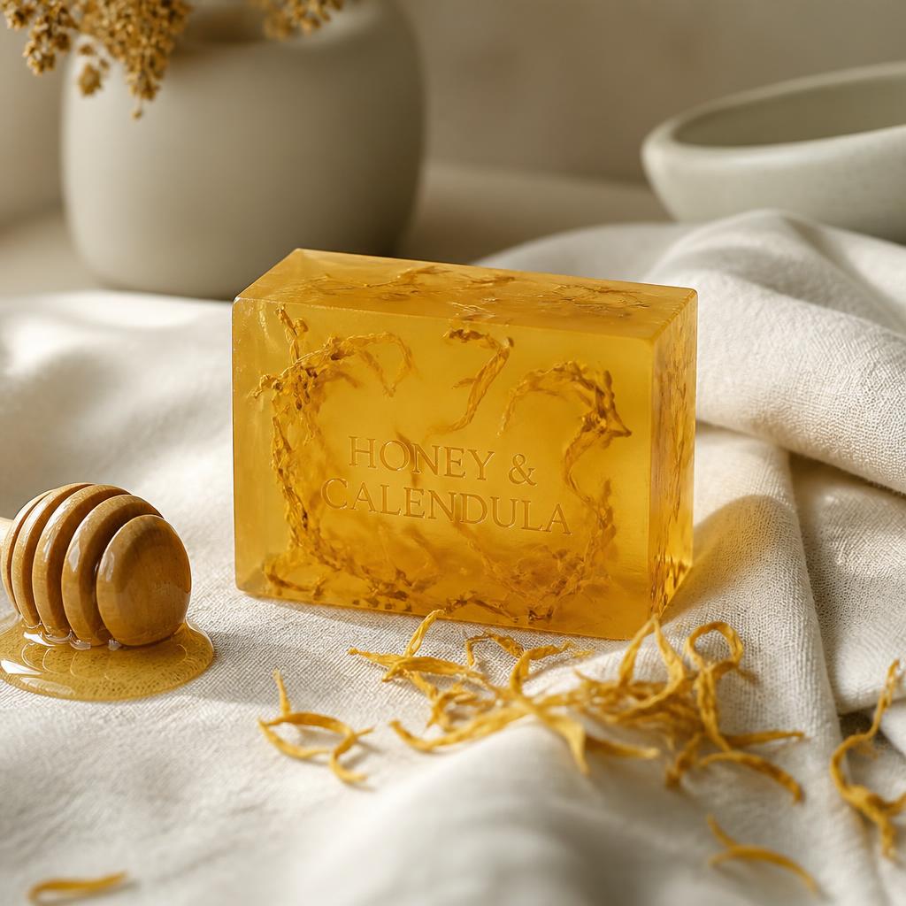 Golden handmade honey and calendula soap bar with dried petals