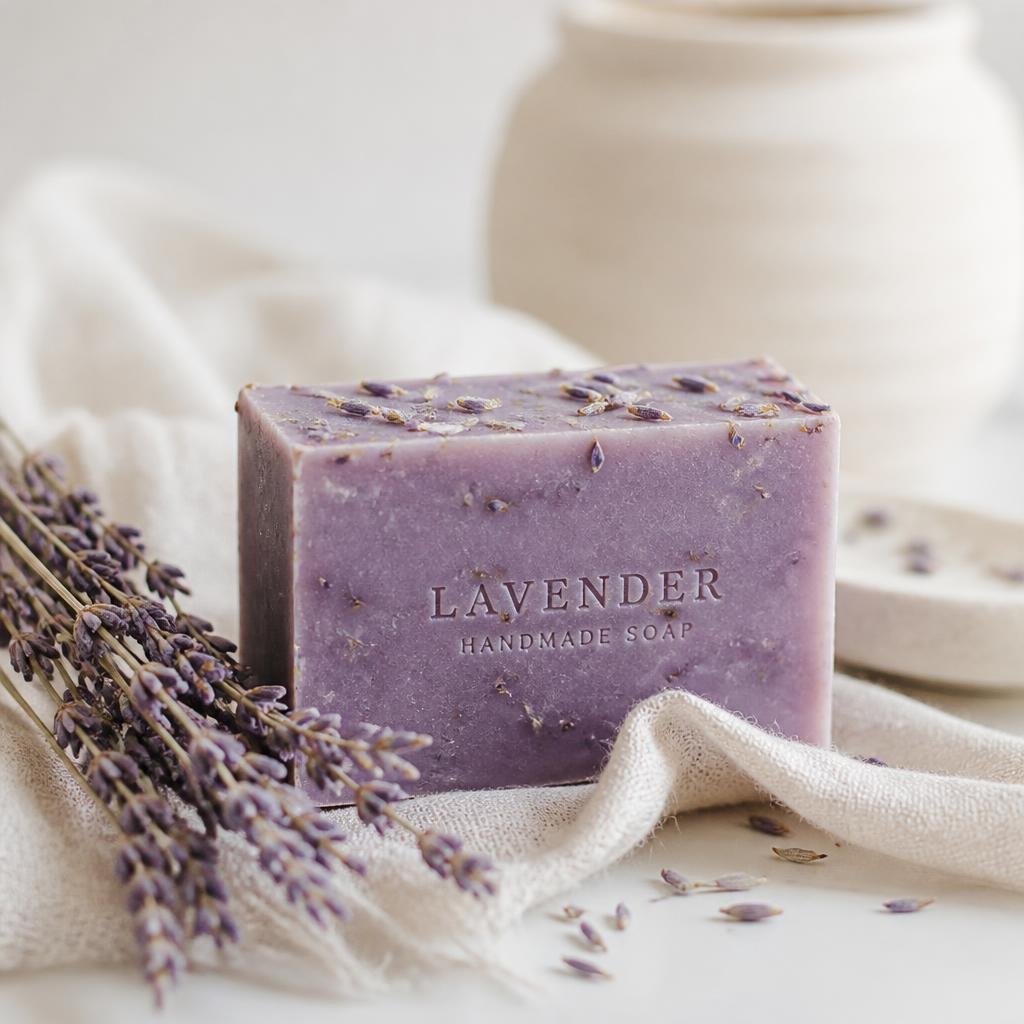 Handmade lavender soap bar with dried lavender sprigs