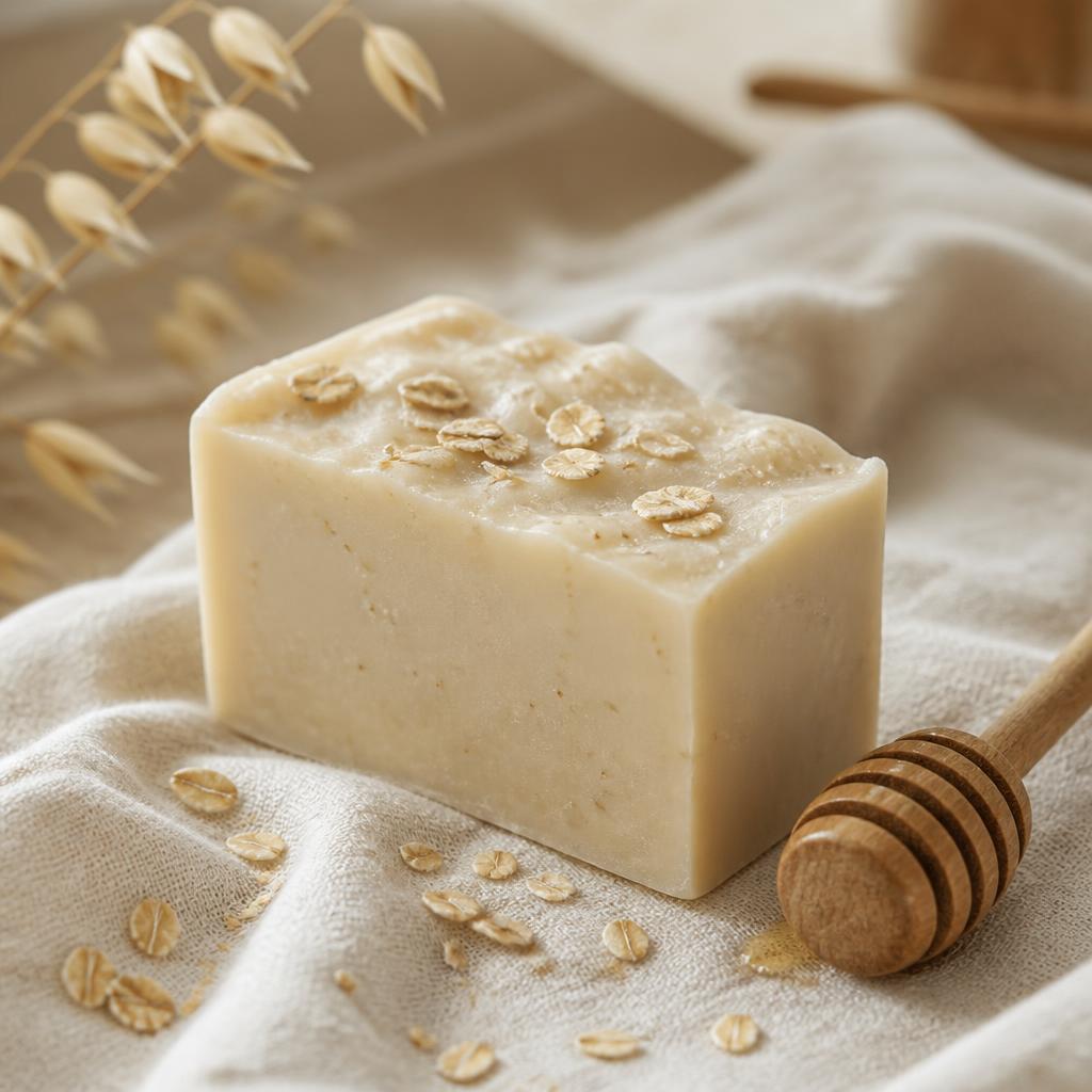 Handmade oat milk and honey soap bar topped with oats on ivory linen