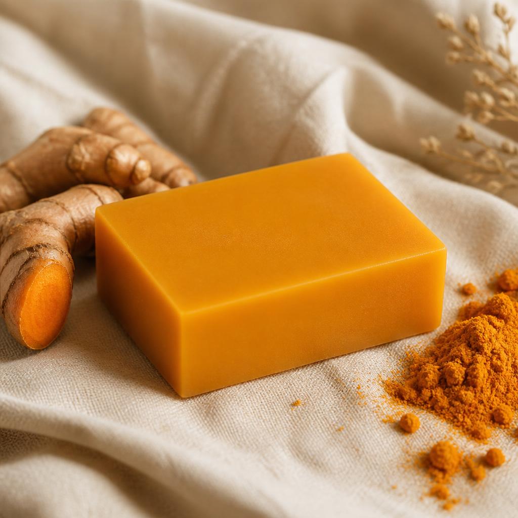 Golden handmade turmeric soap bar with turmeric root on ivory linen